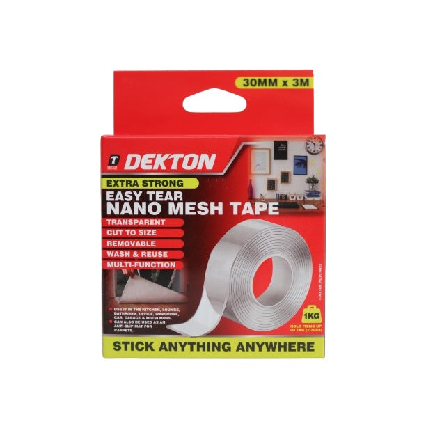 Dekton Nano Mesh Tape Transparent 30mm x 3Mtr DT90885 | Extra Strong | Easy Tear | Cut to Size | Removable | Wash and Reuse | Multi-function | Stick Anything Anywhere | Strong Adhesive | Works on Most Surfaces