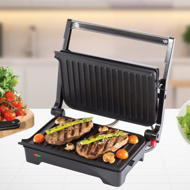 Daewoo Panini Press Health Grill Black SDA1572 | 180 Degree Health Grill | Uses Less Oil | Additional Drip Tray | Cool Touch Handle | Non-stick Plates | Easy to Clean | Power Indicator Light | 1500W Power | Space Saving Vertical Storage