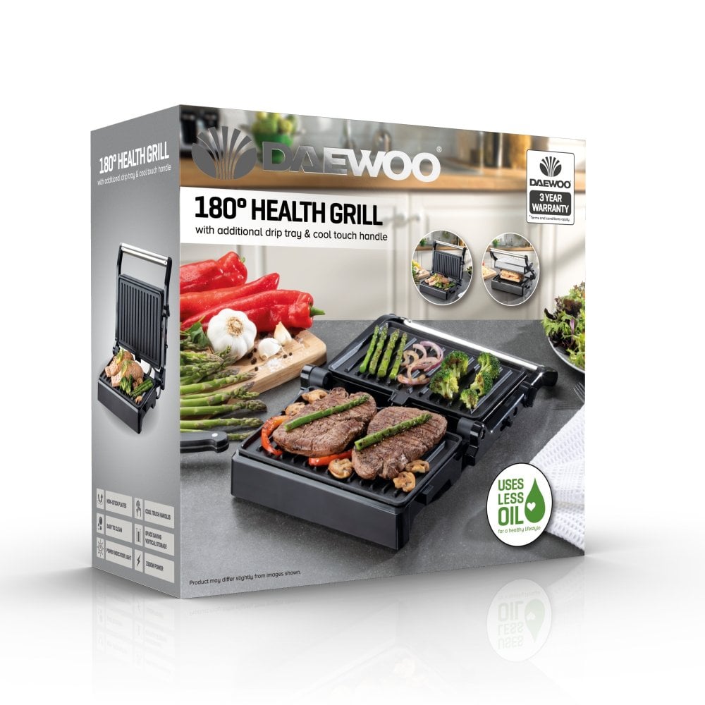 Daewoo Panini Press Health Grill Black SDA1572 | 180 Degree Health Grill | Uses Less Oil | Additional Drip Tray | Cool Touch Handle | Non-stick Plates | Easy to Clean | Power Indicator Light | 1500W Power | Space Saving Vertical Storage