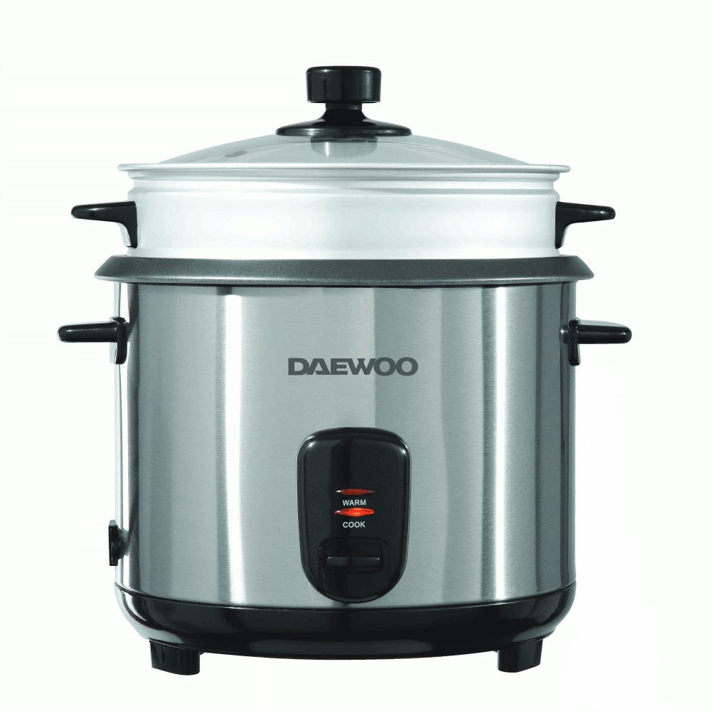 Daewoo Stainless Steel Rice Cooker Black and Silver 28.7cm x 28.5cm x 27.9cm 1.8Ltr SDA1061 | With Steamer Basket | Non-stick Bowl | Easy to Clean | 700W Power | Glass Lid With Steam Vent | Makes 10 Cup of Rice | Includes Measuring Cup and Spatula