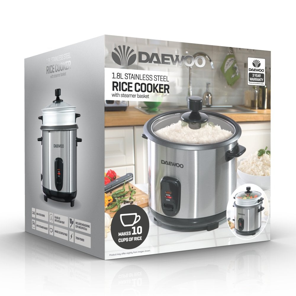 Daewoo Stainless Steel Rice Cooker Black and Silver 28.7cm x 28.5cm x 27.9cm 1.8Ltr SDA1061 | With Steamer Basket | Non-stick Bowl | Easy to Clean | 700W Power | Glass Lid With Steam Vent | Makes 10 Cup of Rice | Includes Measuring Cup and Spatula