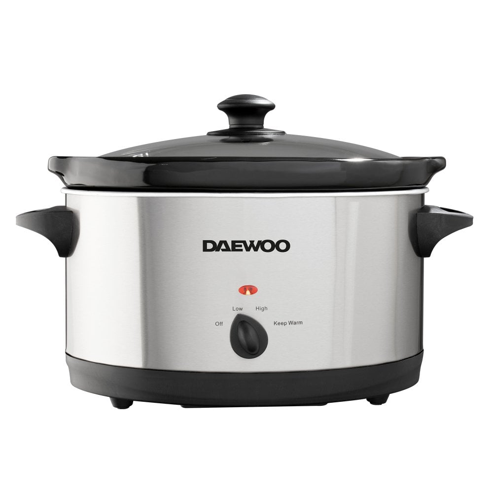 Daewoo Stainless Steel Slow Cooker Silver and Black 6.5Ltr SDA1788 | 3 Heat Settings | Stoneware Pot | Easy to Clean | Power Indicator | 265W Power | Dishwasher Safe Pot and Lid | Removable Pot