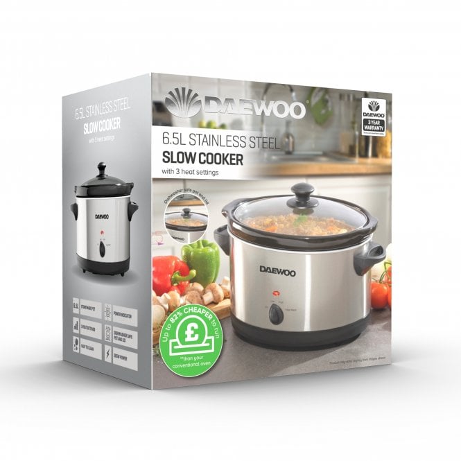 Daewoo Stainless Steel Slow Cooker Silver and Black 6.5Ltr SDA1788 | 3 Heat Settings | Stoneware Pot | Easy to Clean | Power Indicator | 265W Power | Dishwasher Safe Pot and Lid | Removable Pot