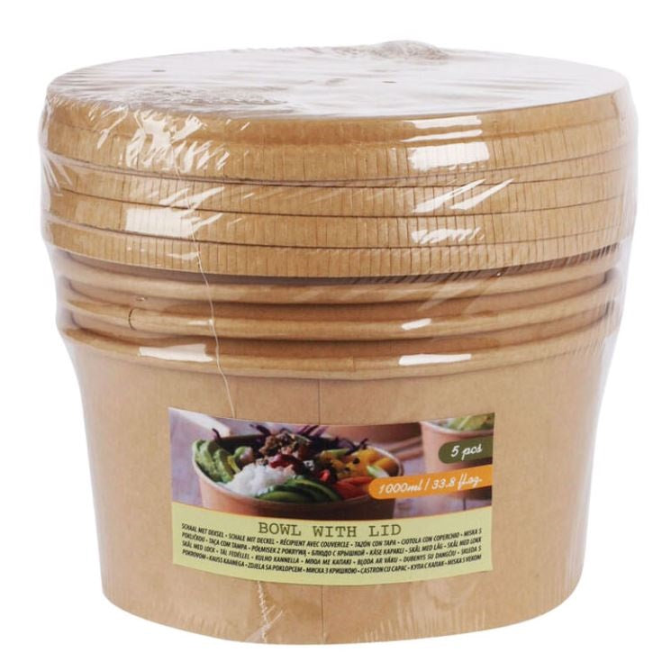 Paper Bowl with Lid Brown 14.5cm x 7.5cm 1000ml Pack of 5 129674
