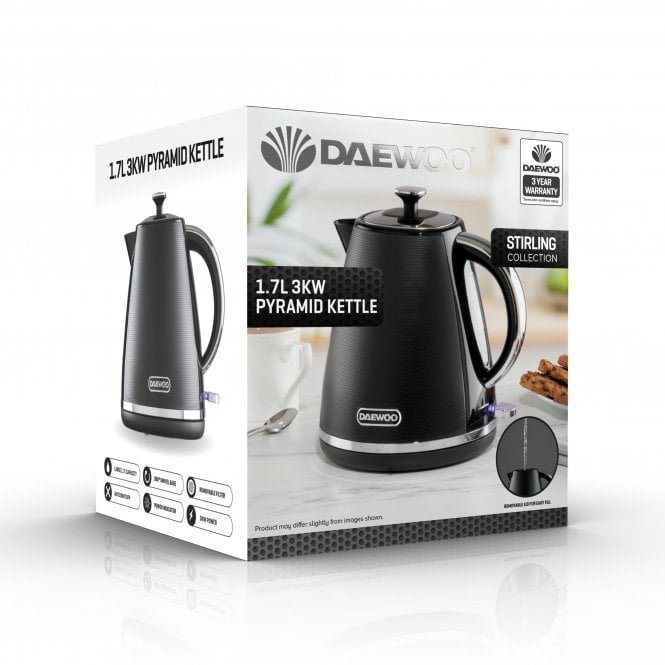 Daewoo Stirling Pyramid Kettle Black 1.7Ltr SDA2624 | 3KW Power| Removable Lid | Elegant Design | Removable Filter | Water Level Gauge | Built-In Safety Features | 360 Degree Swivel Base | Power Indicator | Auto Shut-Off