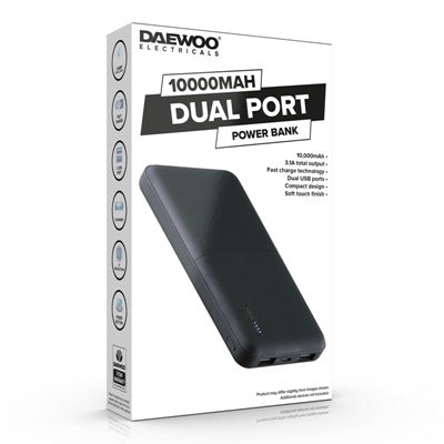 Daewoo Dual Port 10000mAh Power Bank Black CT005068 | Output - DC5V-2.0A | Fast Charge Technology | USb A Ports | Compact Design | Soft Touch Finish | IC Protection