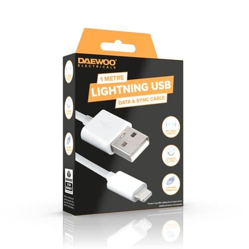 Daewoo USB-A To 8 Pin Lightning Cable White 1Mtr CT005064 | Power - 5V 1A | Charge and Sync | Data and Sync Cable