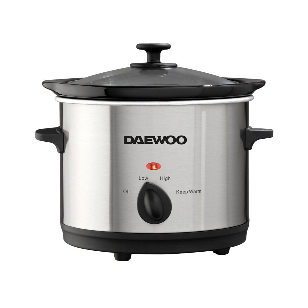 Daewoo Stainless Steel Slow Cooker Black and Silver 1.5Ltr SDA1363 | With 3 Heat Settings | Stoneware Pot | Easy to Clean | Power Indicator | 120W Power | Dishwasher Safe Pot and Lid