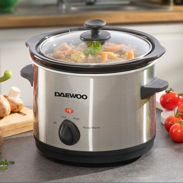 Daewoo Stainless Steel Slow Cooker Black and Silver 1.5Ltr SDA1363 | With 3 Heat Settings | Stoneware Pot | Easy to Clean | Power Indicator | 120W Power | Dishwasher Safe Pot and Lid