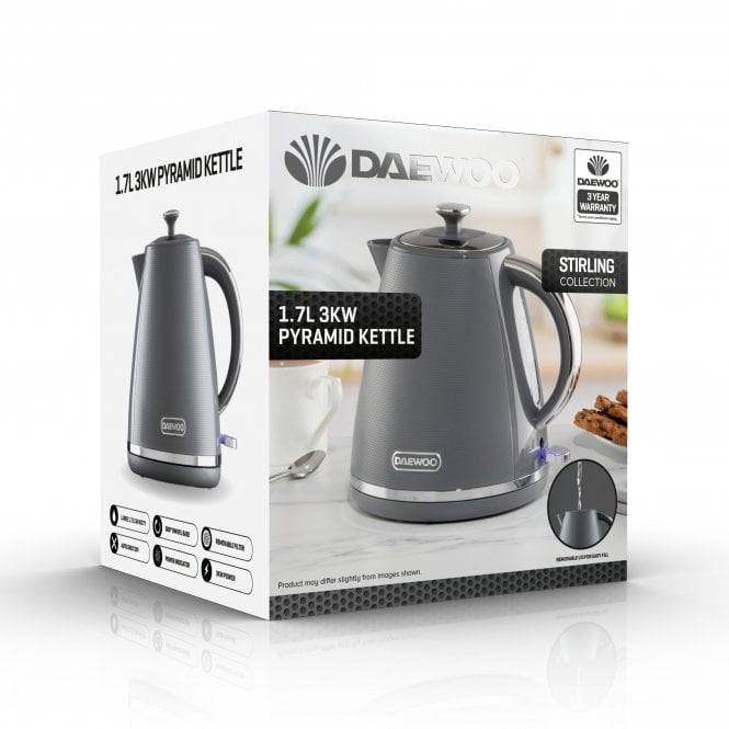 Daewoo Stirling Pyramid Kettle Grey 1.7Ltr SDA2625 | 3KW Power| Removable Lid | Elegant Design | Removable Filter | Water Level Gauge | Built-In Safety Features | 360 Degree Swivel Base | Power Indicator | Auto Shut-Off