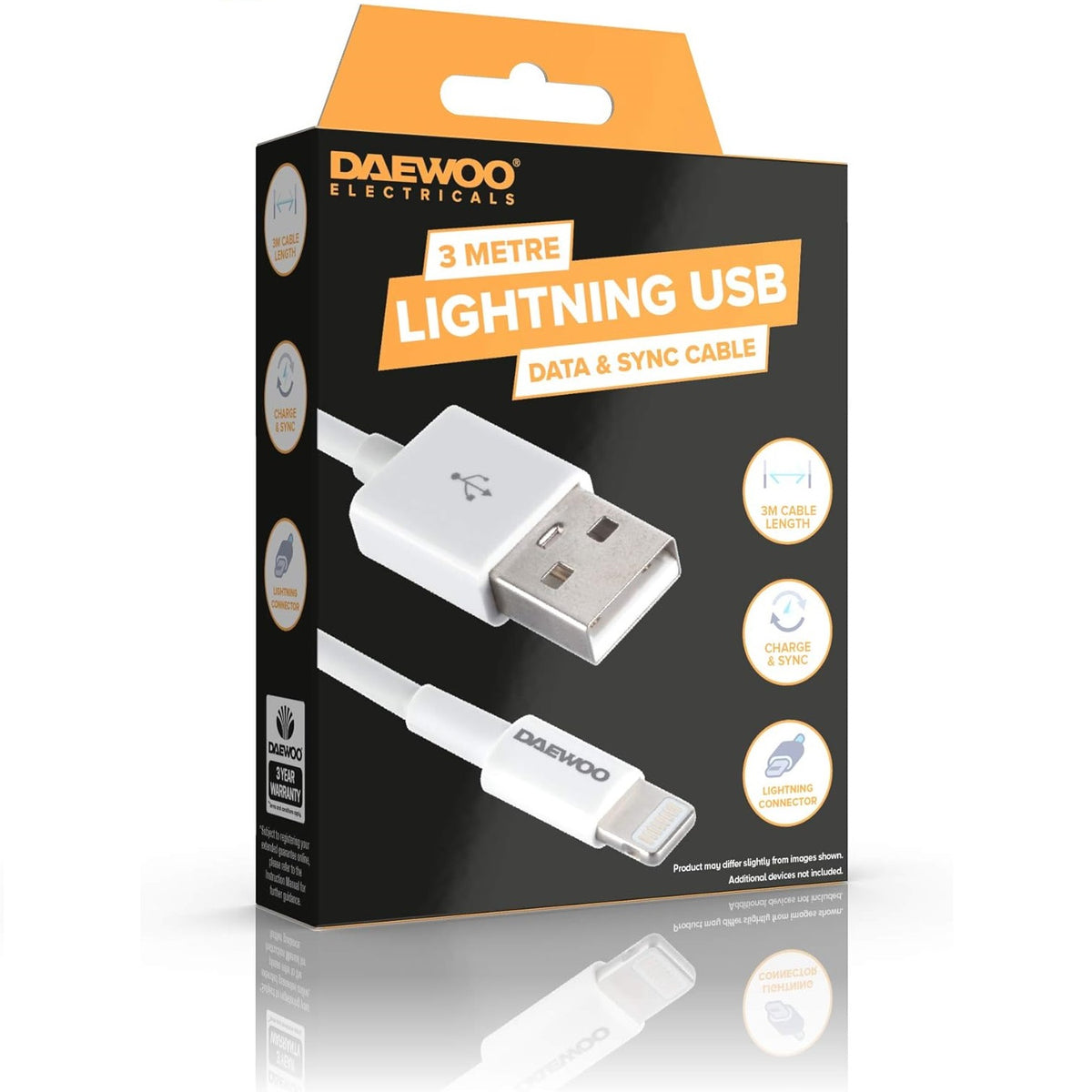 Daewoo Lightening USB To 8 Pin Fast Charge Cable White 3Mtr CT005064 | Power - 5V 2.1A | Charge and Sync | Data Cable | Lightening Connector