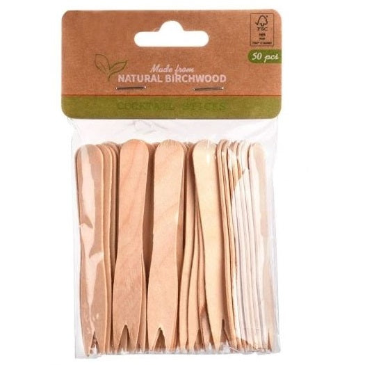 Natural Birchwood Cocktail Forks Brown 8.5cm Pack of 50 090194 | Ideal for Snacks