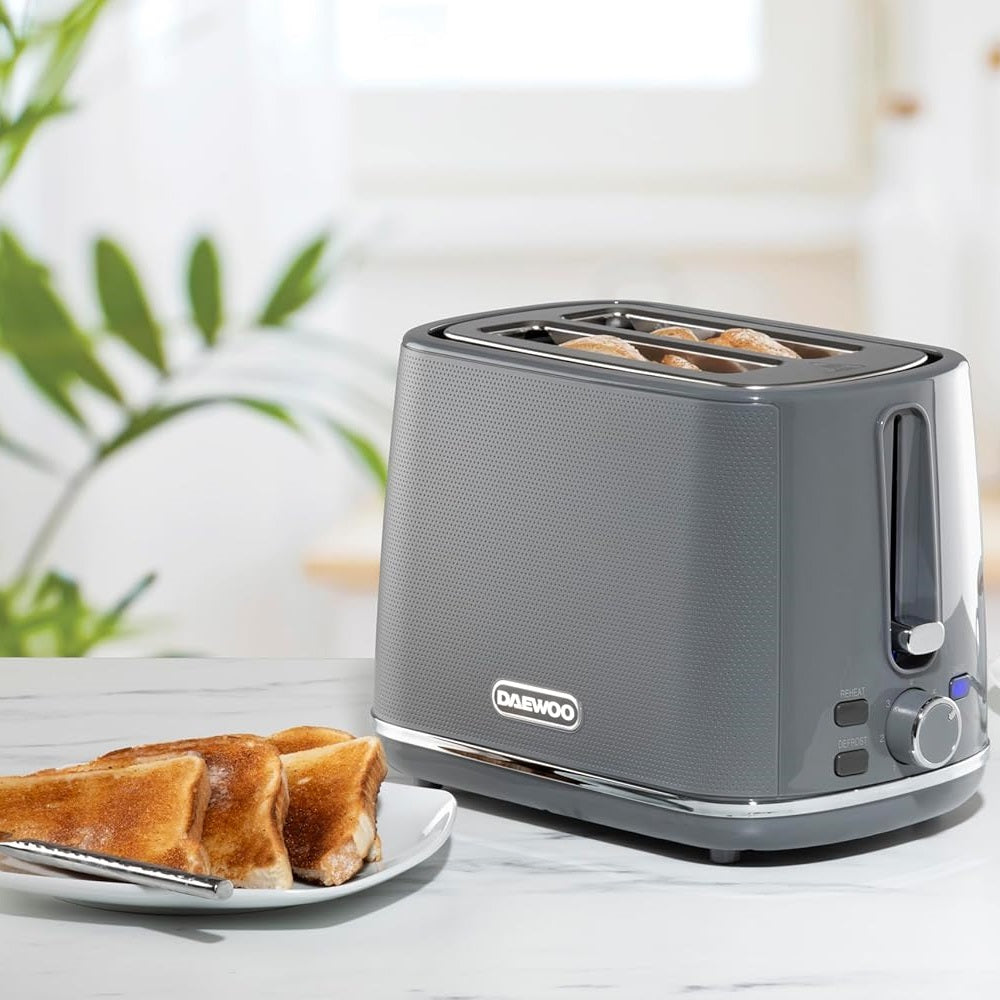 Daewoo Stirling 2 Slice Toaster Grey 26.9cm x 18.8cm x 16cm SDA2628 | Defrost | Reheat | Browning Control | Cancel Function | Removable Crumb Tray | 930W Power | Elegant Design