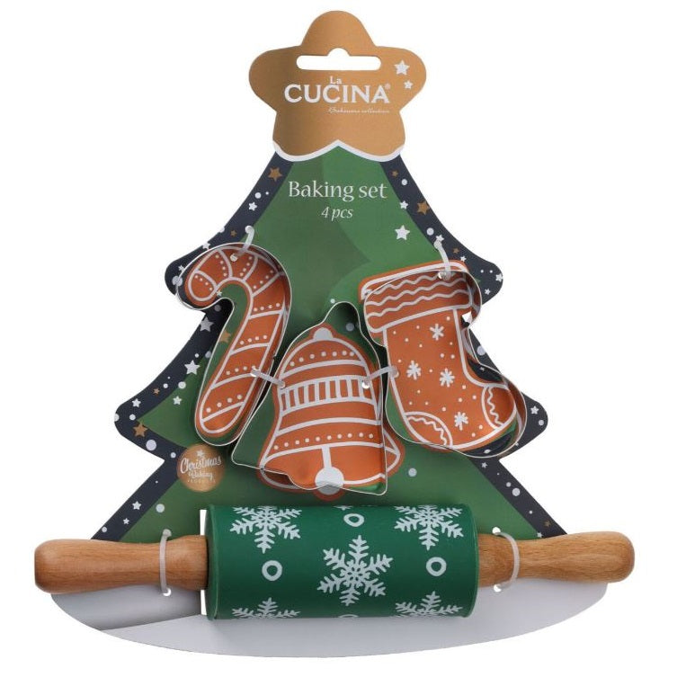 Christmas Baking Set for Kids Assorted Design Multicoloured 25cm x 17cm x 3cm Pack of 4 | 3 Cookie Cutters | 1 Small Rolling Pin