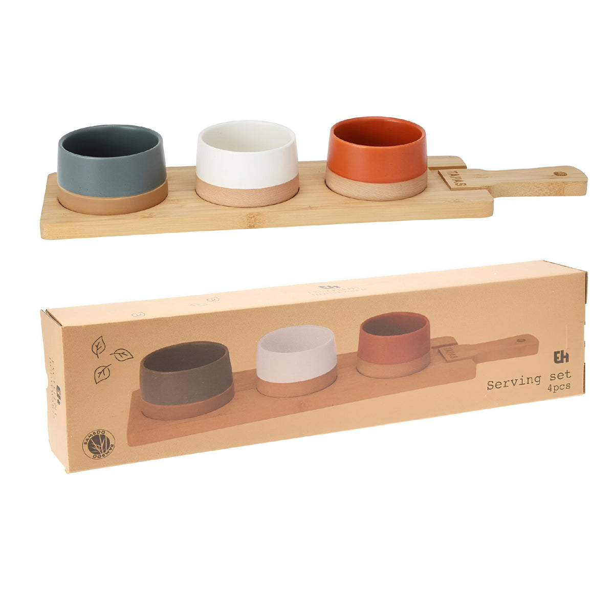 Excellent Houseware Serving Set with Bamboo Tray Assorted Pack of 4 Cups - 9.5cm x H4.5cm Tray 48cm x 12cm x 1.5cm 173974