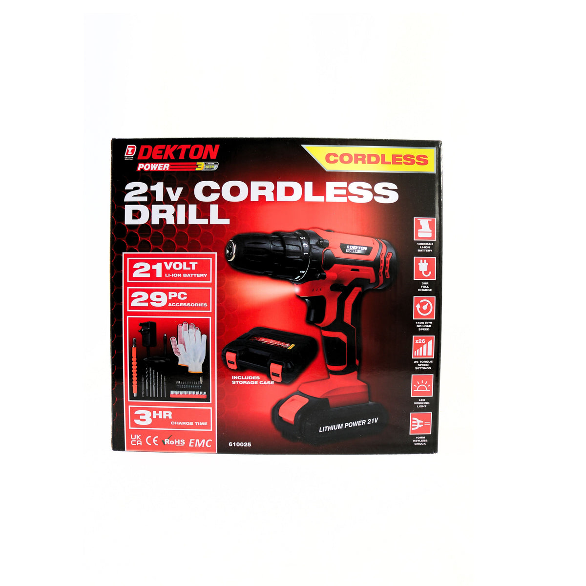 Dekton Power Cordless Drill with Accessories Red and Black 21V Pack of 29 610025 | 1300 MAH LI ON Battery | 3 Hour Full Charge | 1400 RPM No Load Speed | 26 Torque Speed Settings | LED Working Light | 10mm  Keyless Chuck | Includes Storage Case