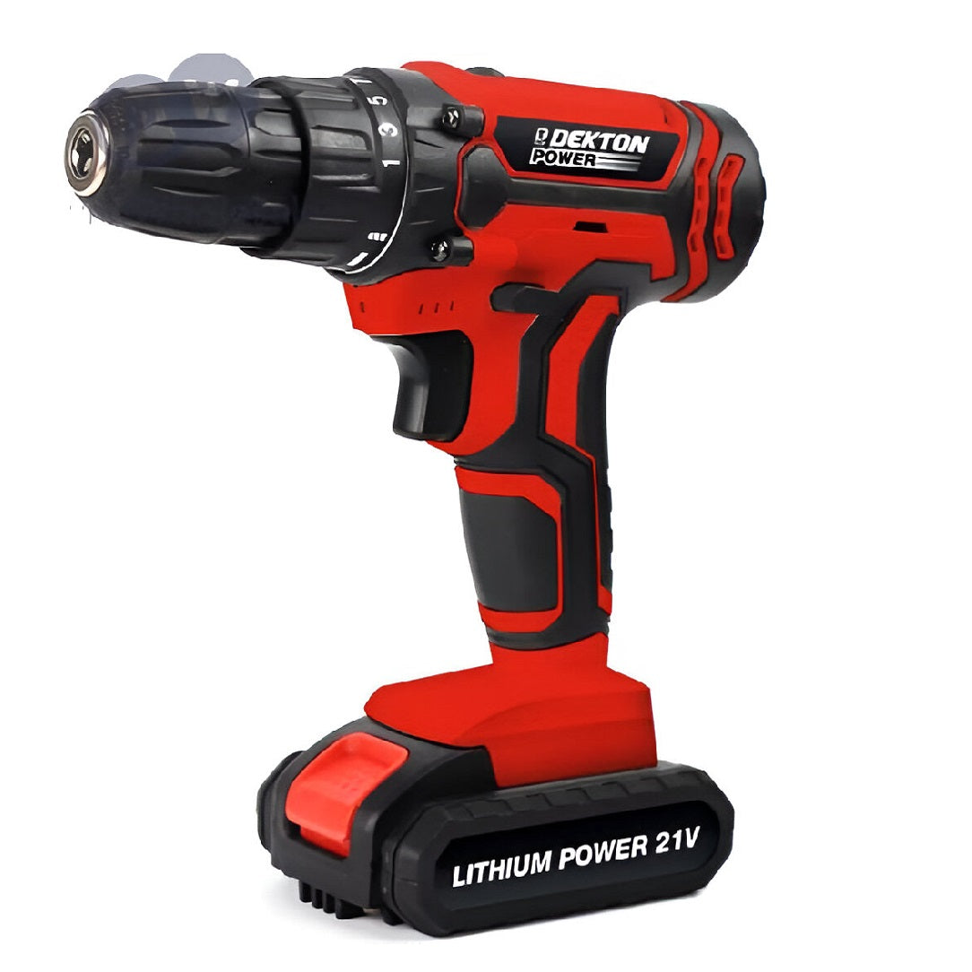 Dekton Power Cordless Drill with Accessories Red and Black 21V Pack of 29 610025 | 1300 MAH LI ON Battery | 3 Hour Full Charge | 1400 RPM No Load Speed | 26 Torque Speed Settings | LED Working Light | 10mm  Keyless Chuck | Includes Storage Case