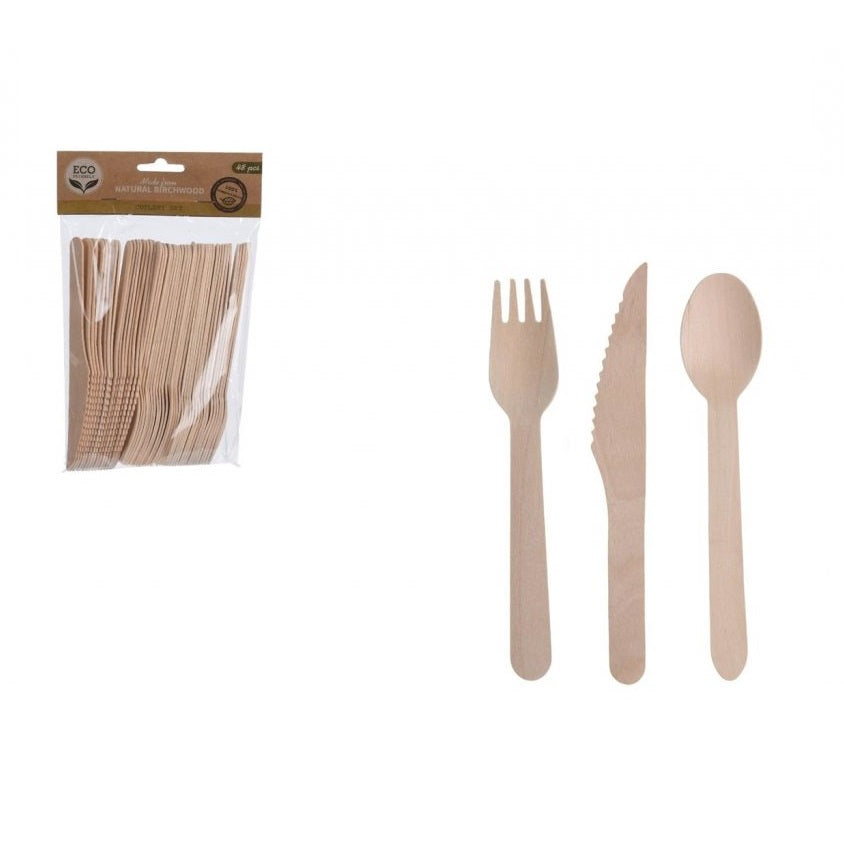 Natural Birch Wood Cutlery Set Brown Pack of 48 351522 | Set Includes Knife | Fork-Spoon | Eco-Friendly