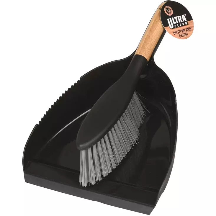 Ultra Clean Dustpan and Brush with Bamboo Handle Black and Brown 199366 | With Hanging Loop