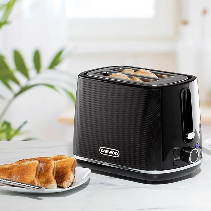 Daewoo Stirling 2 Slice Toaster Black SDA2627 | Defrost | Reheat | Browning Control | Cancel Function | Removable Crumb Tray | 930W Power