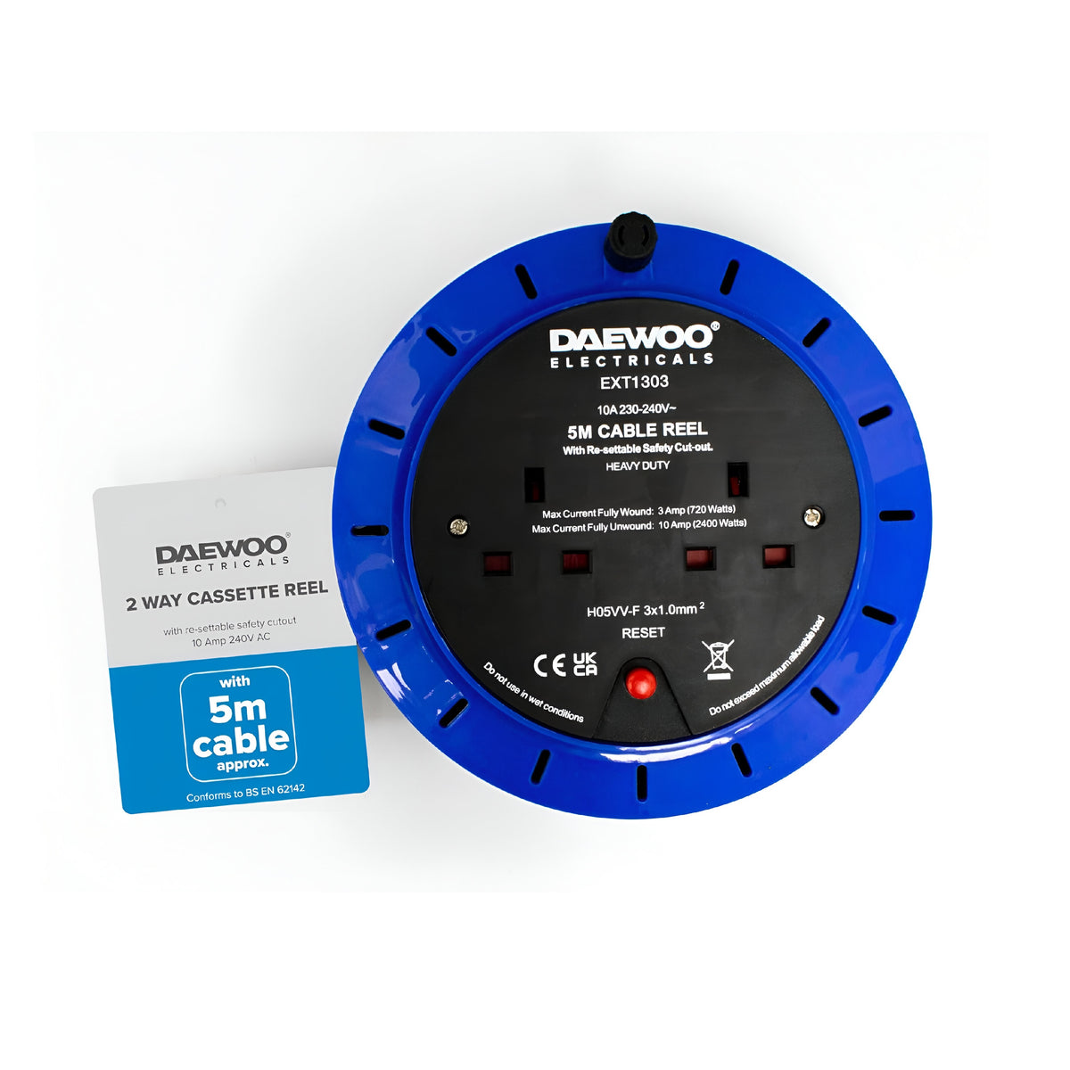 Daewoo Electricals 2 Way Socket Cassette Reel with Re-Settable Safety Cutout 5Mtr Cable Black and Blue EXT1303