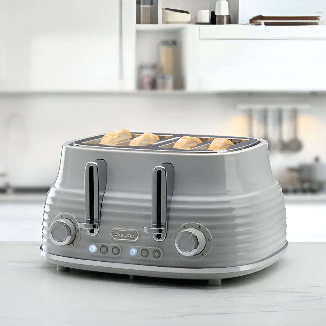 Daewoo Sienna 4 Slice Toaster Grey with High Lift Grey H25.cm x W32.7cm x D36.5cm 1640W - 1960W SDA2484 | Removable Crumb Trays | Variable Browning Control | Defrost - Reheat and Cancel Functions | Elegant Design