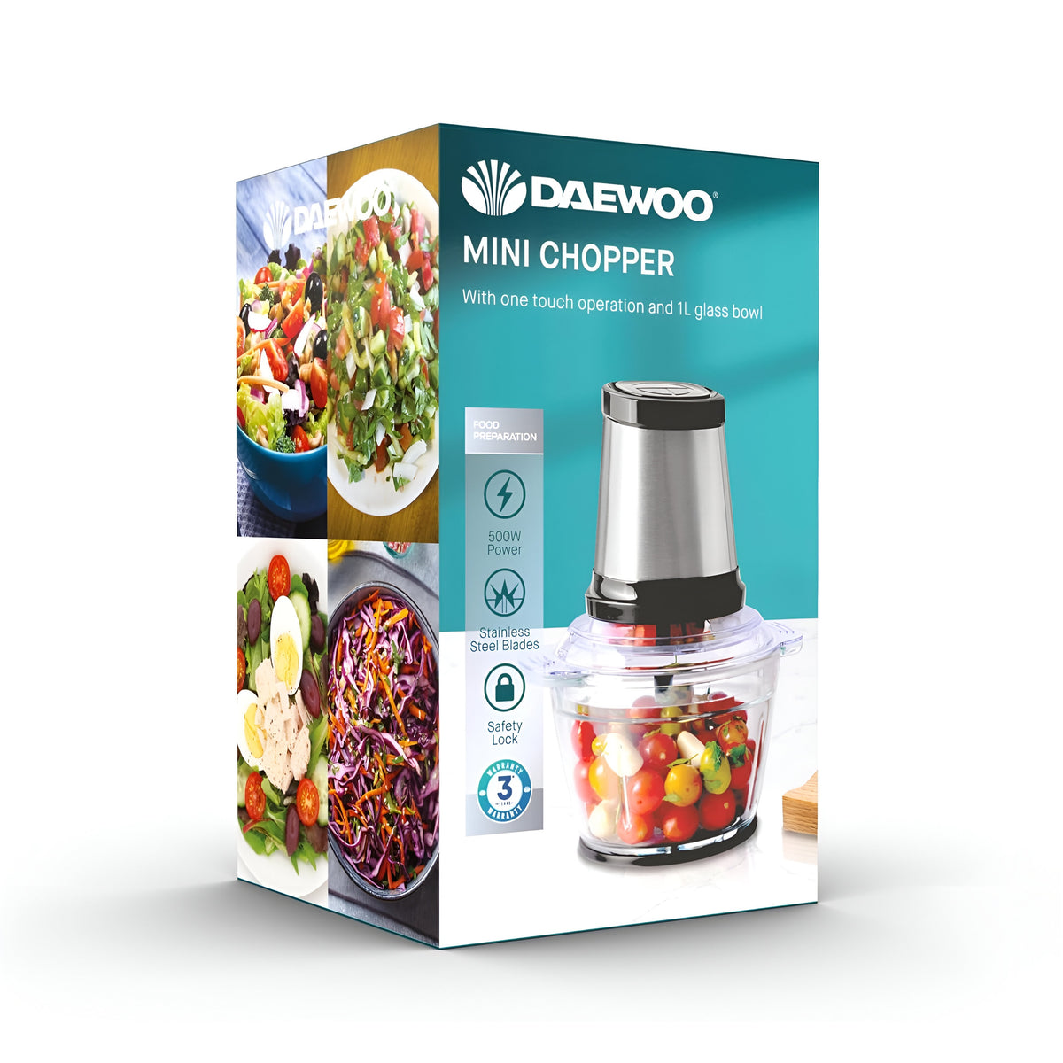 Daewoo mini Chopper with 1ltr Glass Bowl Silver 500W SDA2732 | One Touch Operation | Stainless Steel Blades | Safety Lock | Anti Slip Bottom
