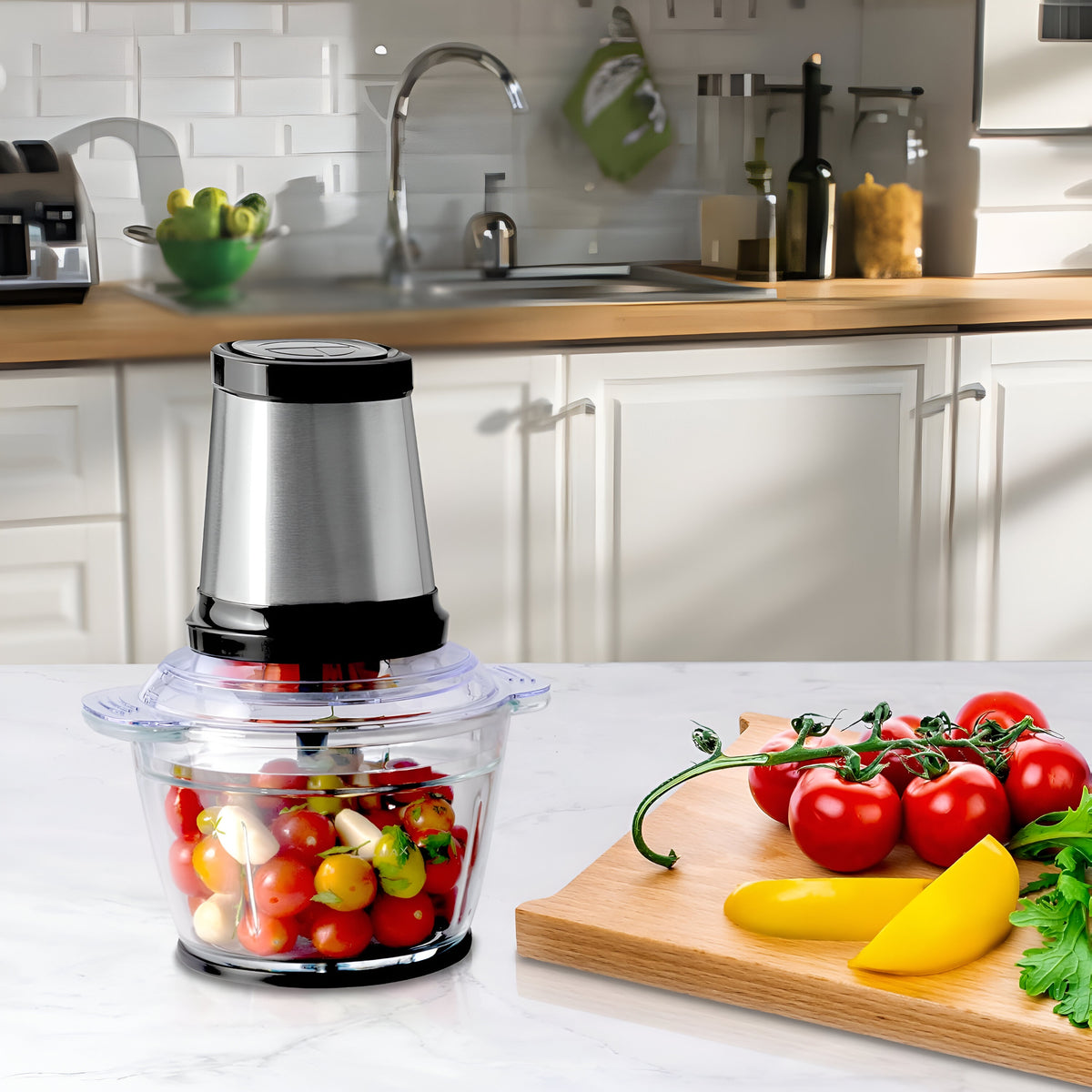 Daewoo mini Chopper with 1ltr Glass Bowl Silver 500W SDA2732 | One Touch Operation | Stainless Steel Blades | Safety Lock | Anti Slip Bottom