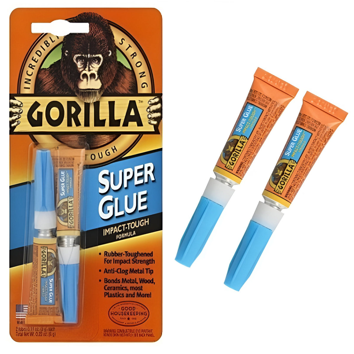 Gorilla Glue Superglue Tube Clear 3g Pack of 2 4044101 | Impact Tough Formula | Incredibly Strong | Rubber Toughened for Impact Strength | Anti - Clog Metal Tip | Bonds Glass - Wood - Metal - Ceramics - Most Plastics and More