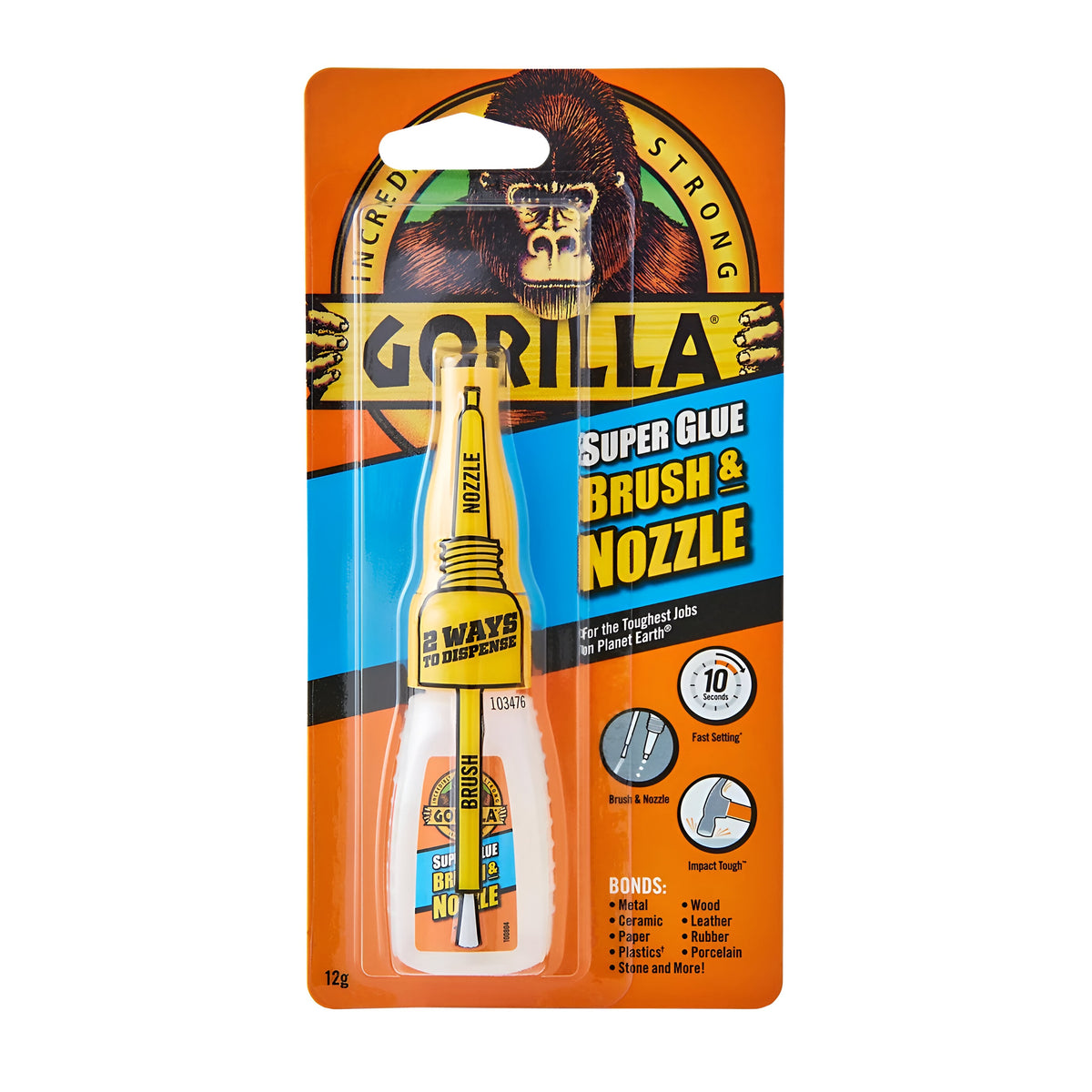 Gorilla Brush and Nozzle Super Glue White 12g 1580B | 10 Seconds Fast Setting | Impact Tough | Bonds Metal - Wood - Leather - Plastic - Porcelain- Ceramic - Rubber - Stone and More