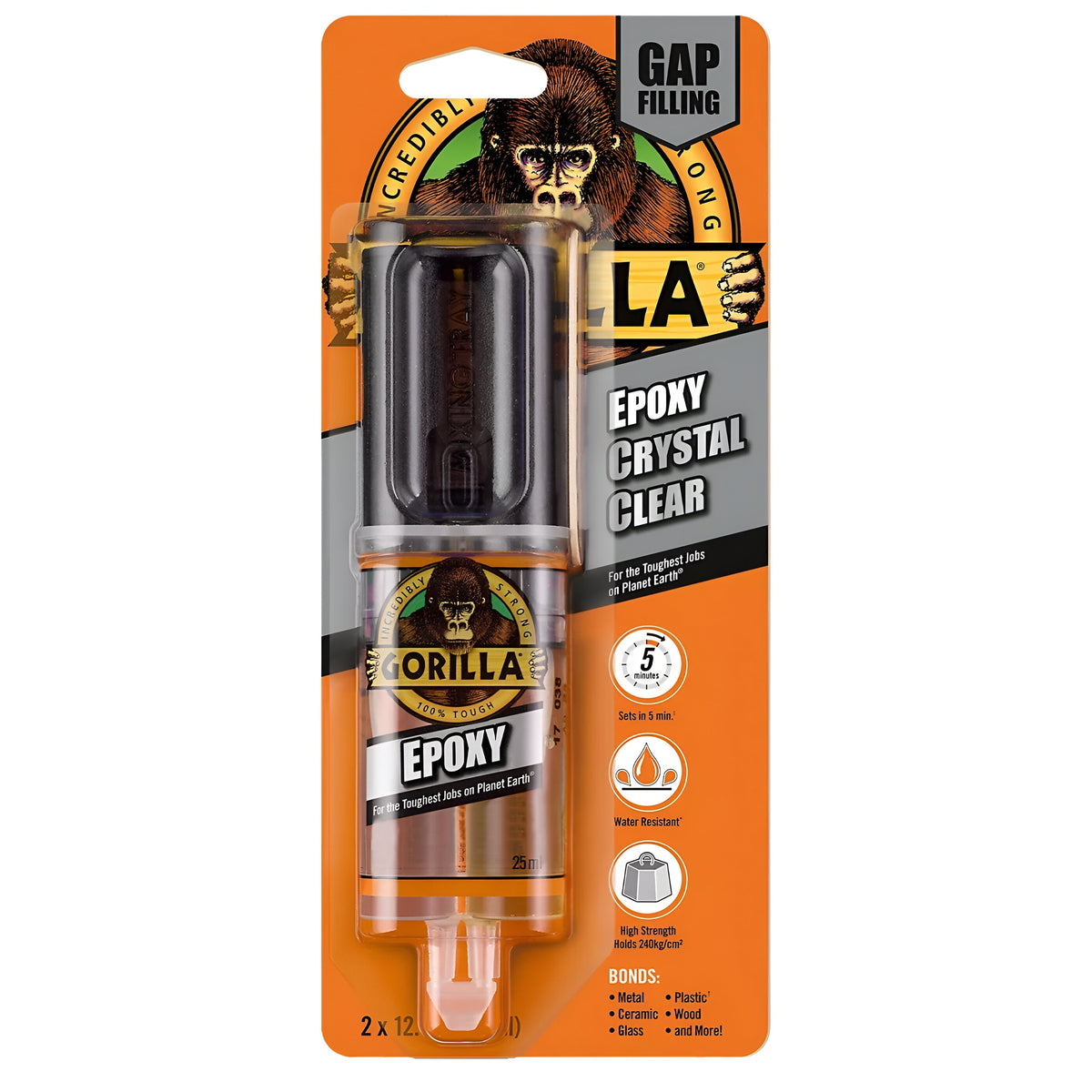 Gorilla Epoxy Syringe Glue Clear 25ml 766C | Sets in 5 Minute | Water Resistant | High Strength | Bonds Metal - Plastic - Ceramic - Wood - Glass and More