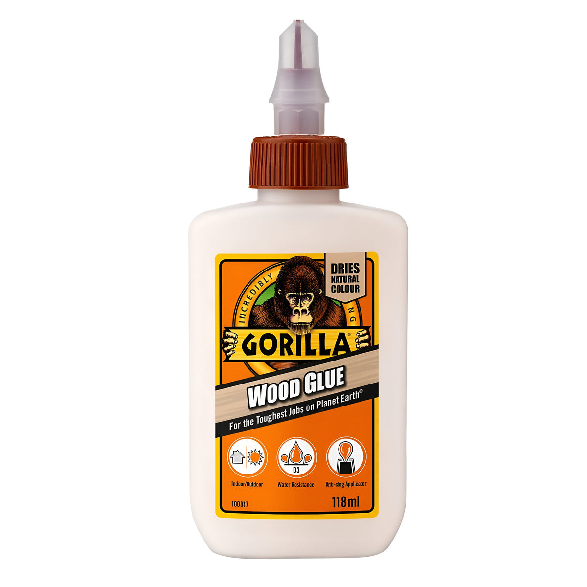 Gorilla Wood Glue White 118ml 5044401 | D3 Water Resistance | Indoor and Outdoor | Anti - Clog Applicator
