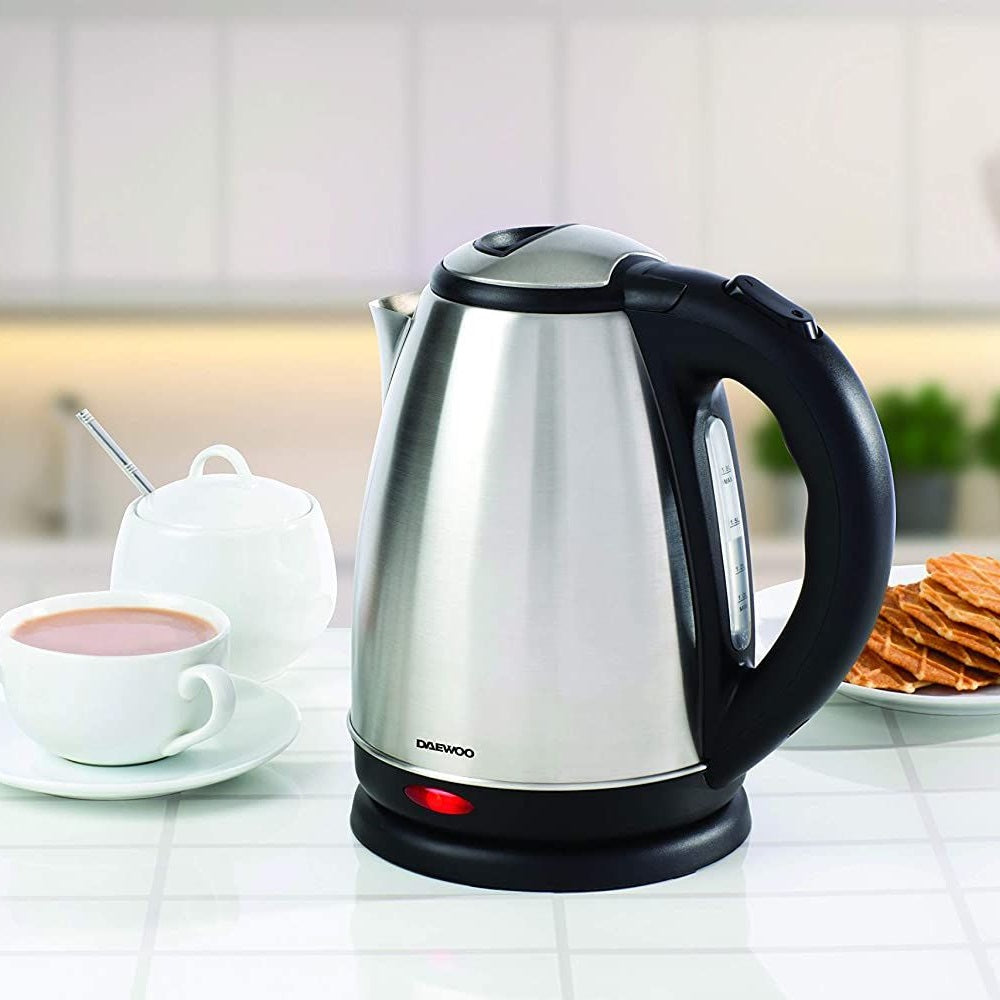 Daewoo Brushed Steel Jug Kettle with Removable Filter 2200W Chrome-Black 1.8Ltr SDA1516 | 360 Degree Swivel Base