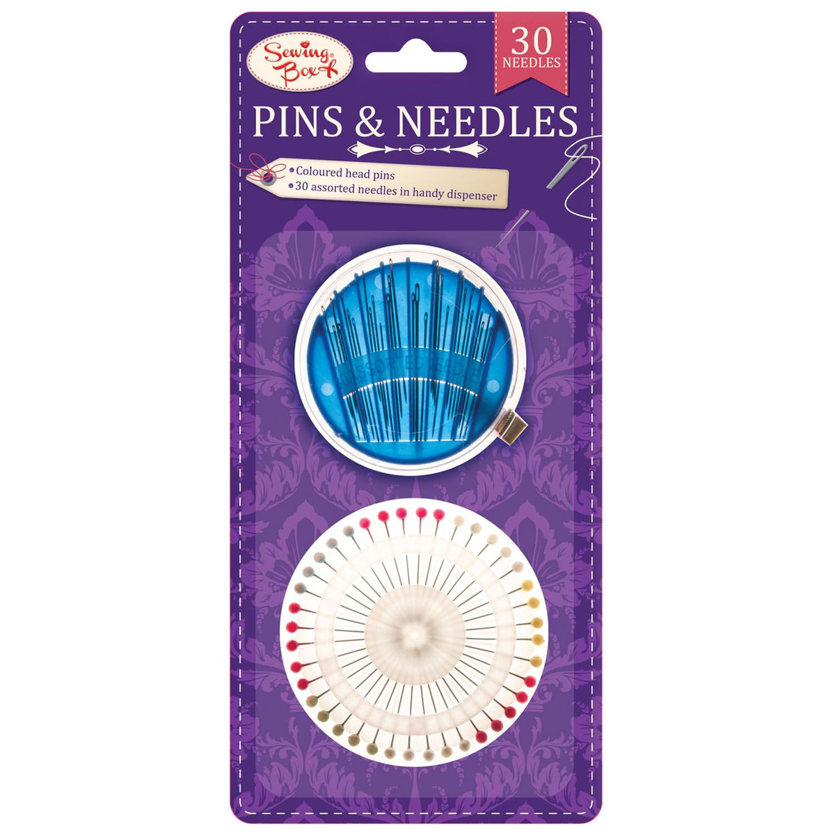 151 Sewing Box Pins and Needles Assorted KC69 | 30 Assorted Needles in Handy Dispenser | Coloured Head Pins