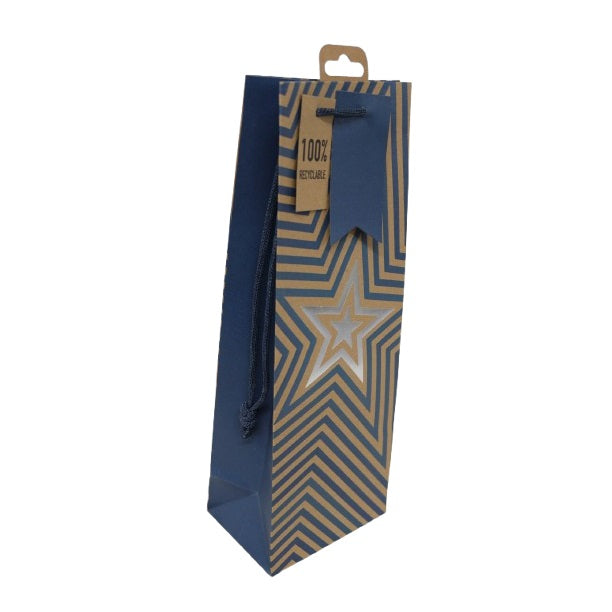 Clairefontaine Eurowrap Stars Kraft Bottle Gift Bag with Handles Blue 127mm x 355mm x 90mm Pack of 6 34966-4C
