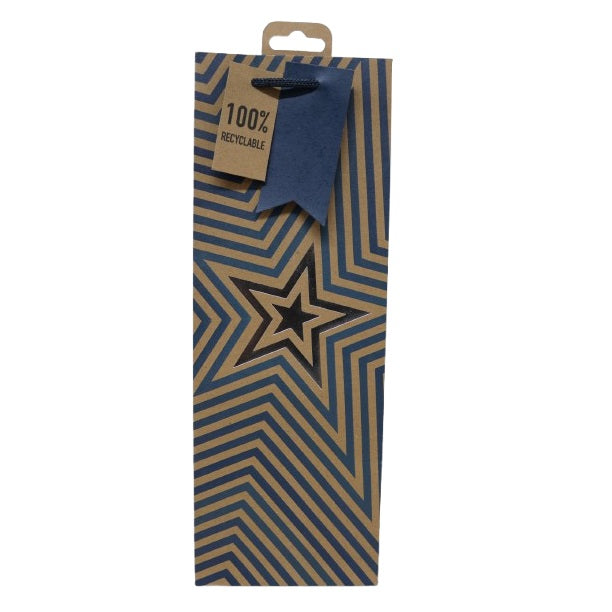 Clairefontaine Eurowrap Stars Kraft Bottle Gift Bag with Handles Blue 127mm x 355mm x 90mm Pack of 6 34966-4C