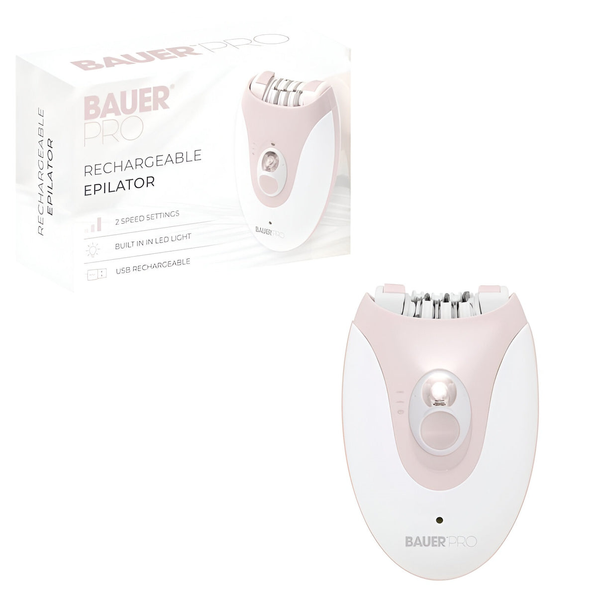 Bauer Pro Rechargeable Epilator White and Pink 38719 | 36 Rotating Tweezers | Soothing Massage Pads | Bright LED Light | 2 Speed Settings | Batter indicator Light | Smoother Skin Up to 4 Weeks | USB Cable Included | Easy Clean Brush Included | USB Rechargeable