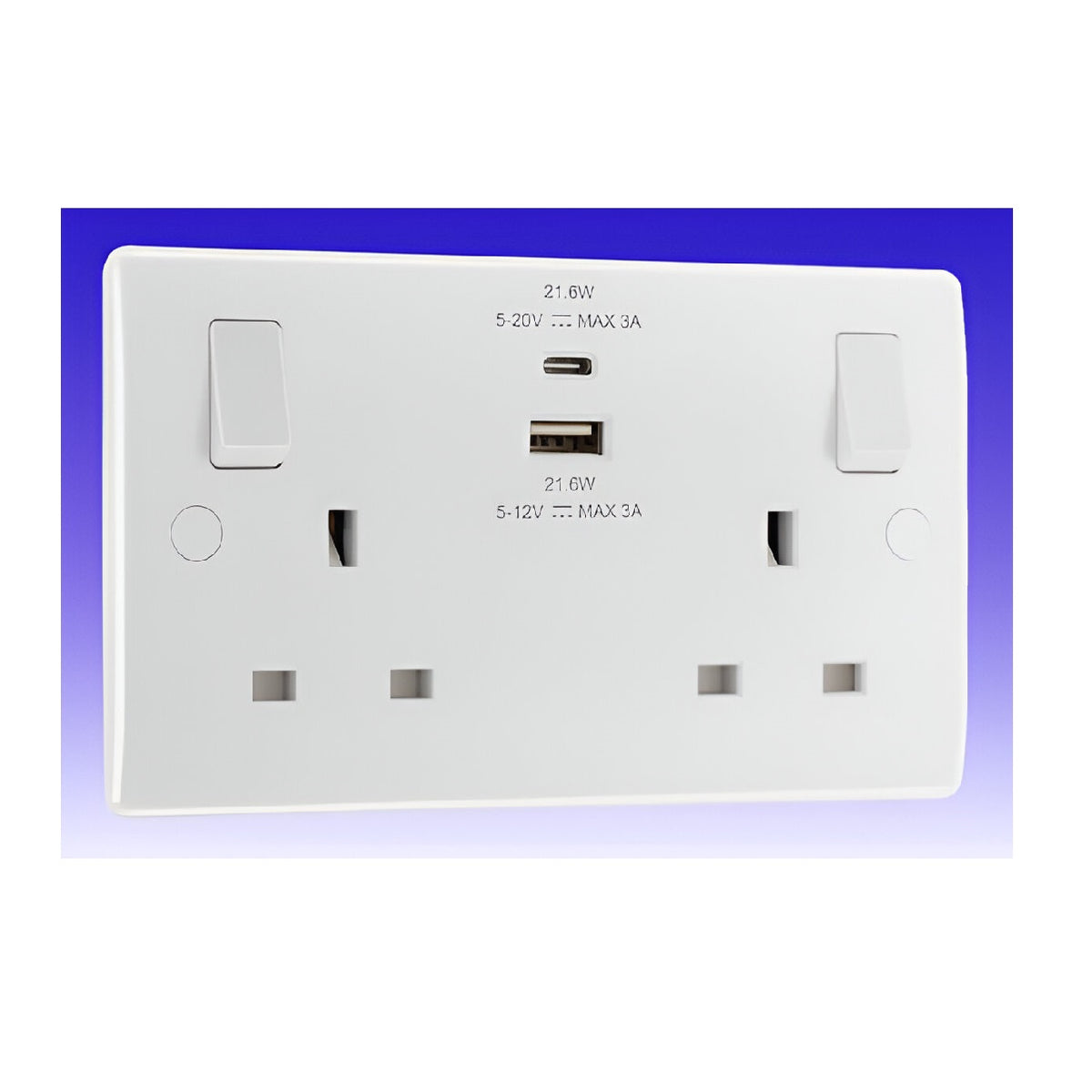 BG Electricals Nexus Moulded Double Switched Power Socket White 13A + 22W USBC + USB A 822UAC22