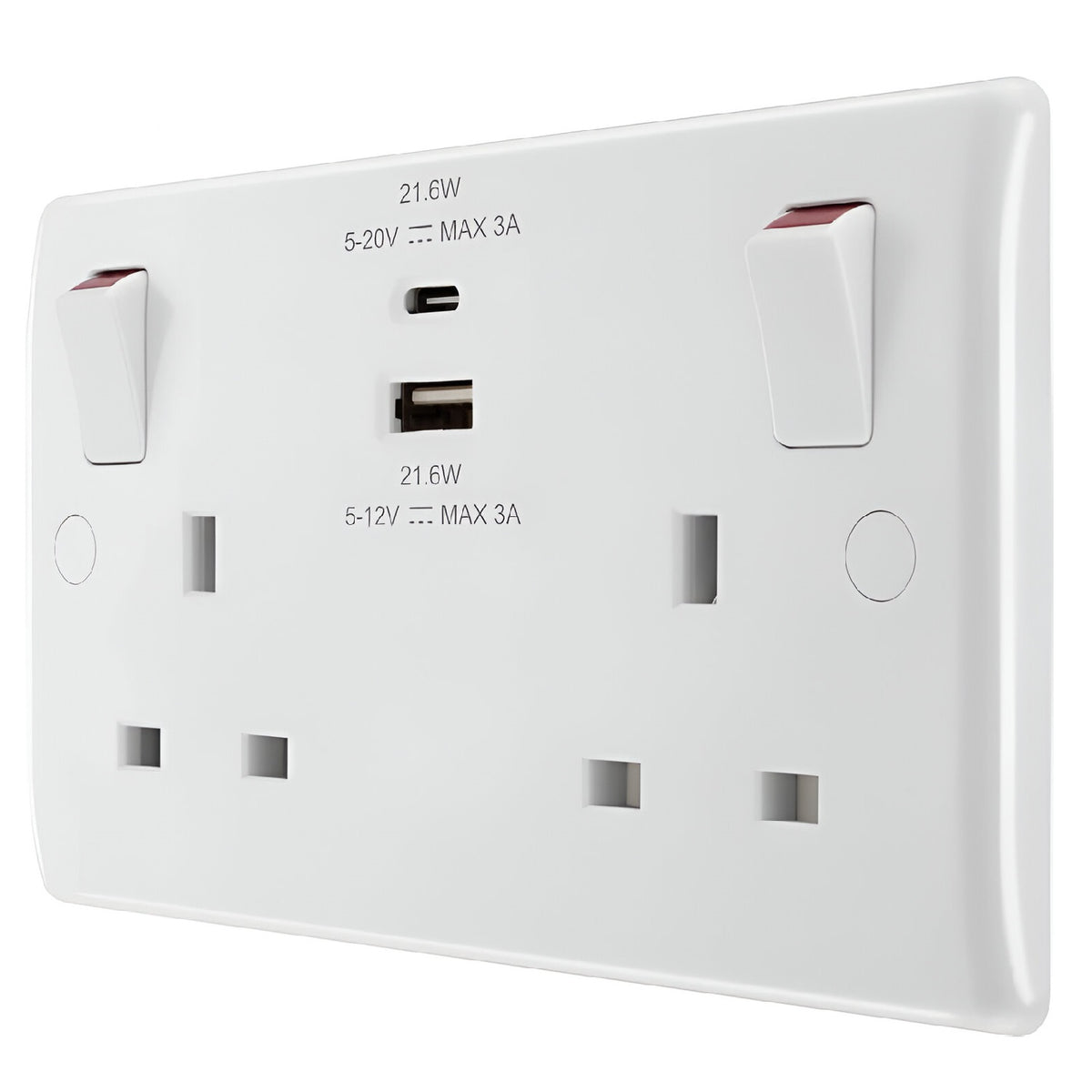 BG Electricals Nexus Moulded Double Switched Power Socket White 13A + 22W USBC + USB A 822UAC22