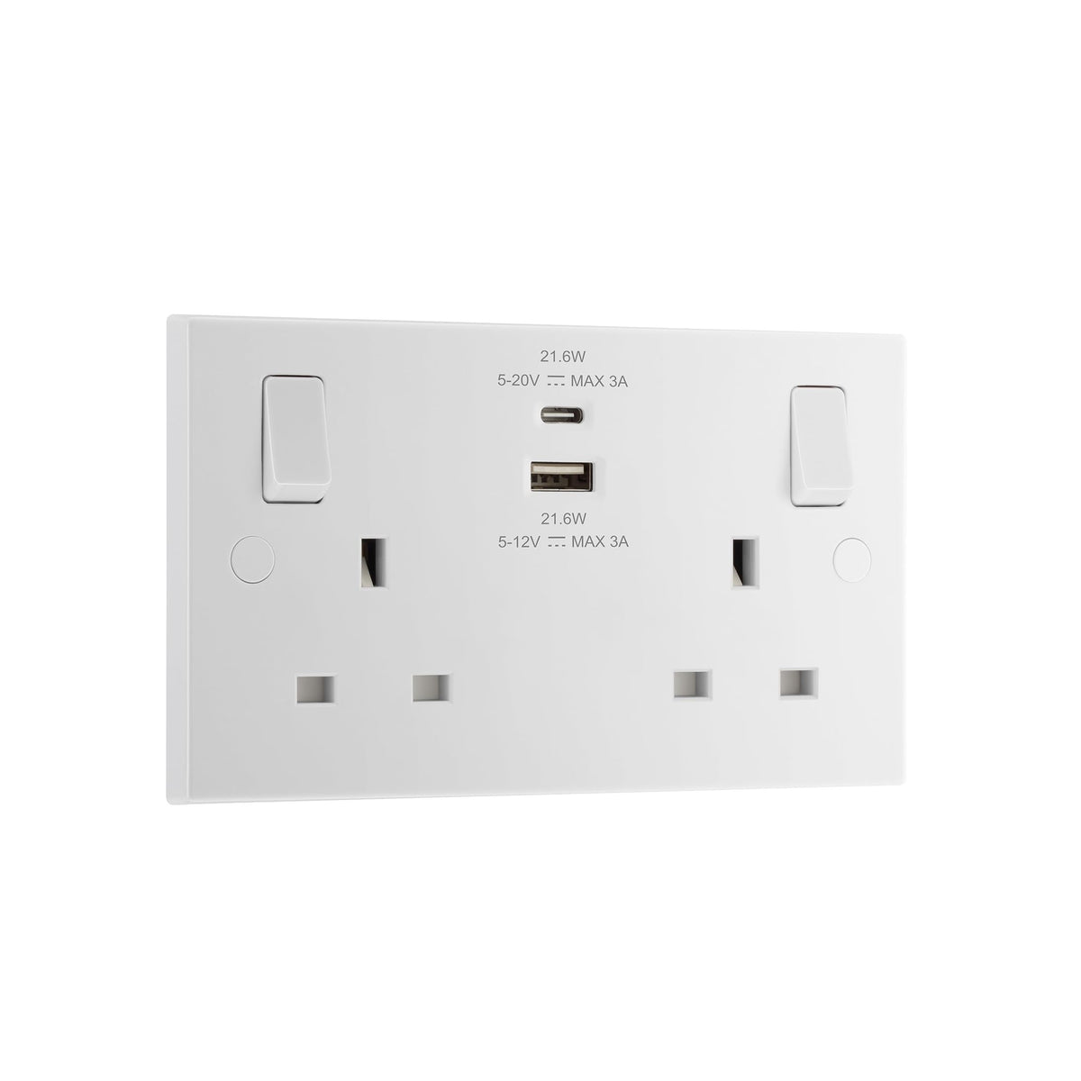 British General Wiring Accessories Double Switched 13A USB Type A and C Power Socket 22W White 922UAC22 | Fits 25mm Box