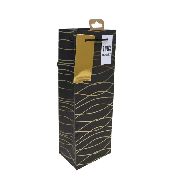 Clairefontaine Eurowrap Black Geo Bottle Gift Bag with Handles Black and Gold 127mm x 355mm x 90mm Pack of 6 35477-4C