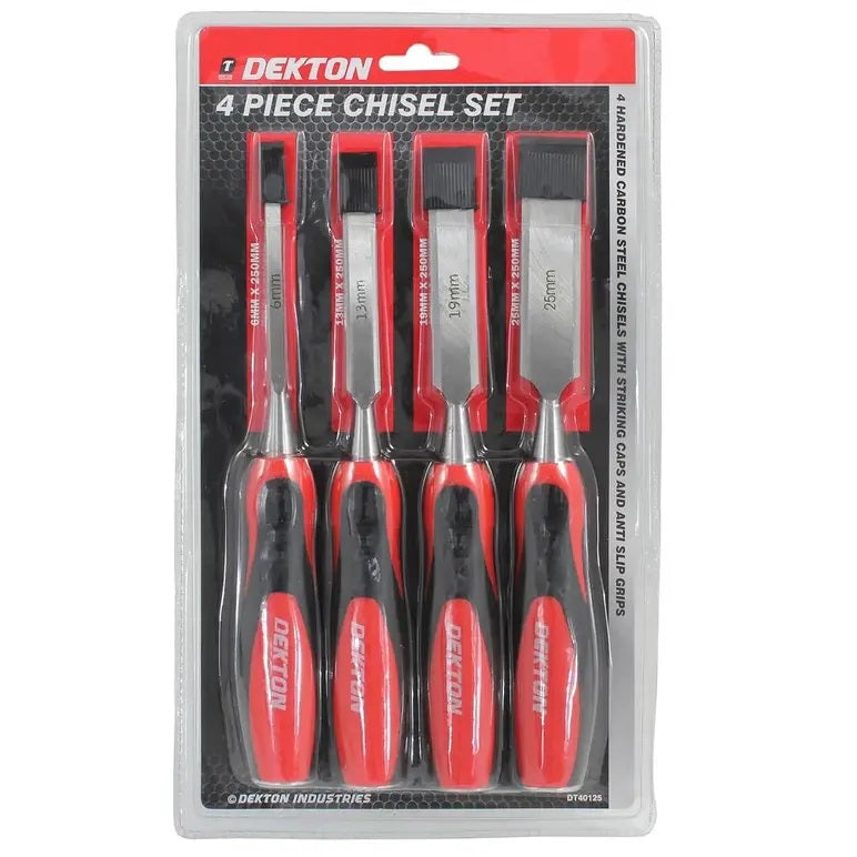 Dekton Hardened Carbon Steel Chisels with Striking Caps and Anti Slip Grips Assorted Pack of 4 DT40125