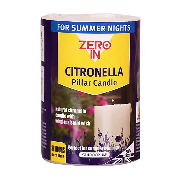 ZeroIn Colour Outdoor Pillar Candle Natural Citronella White 10cm x 7cm STV426 | Garden Candle | Wind-resistant Wick | Perfect for Summer Evenings | Over 30Hr Burn Time