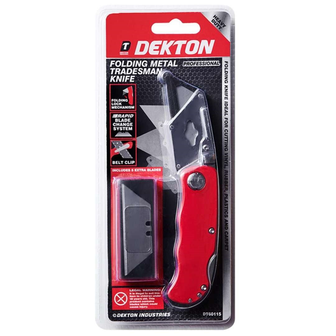 Dekton Heavy Duty Folding Metal Tradesman Knife Red and Silver DT60115 | Includes 5 Extra Blades | Folding Lock Mechanism | Rapid Blade Change System | Belt Clip