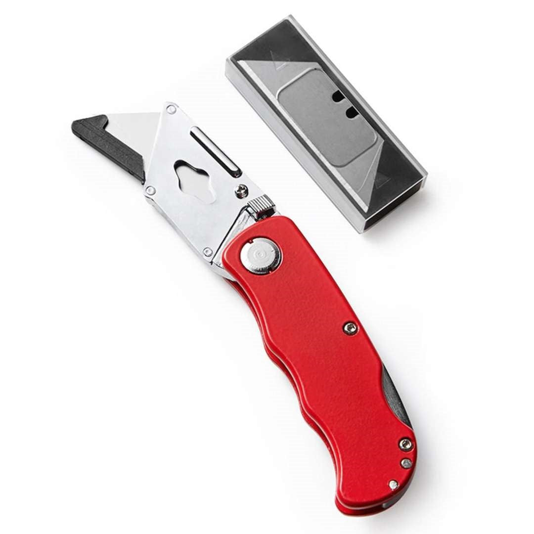 Dekton Heavy Duty Folding Metal Tradesman Knife Red and Silver DT60115 | Includes 5 Extra Blades | Folding Lock Mechanism | Rapid Blade Change System | Belt Clip