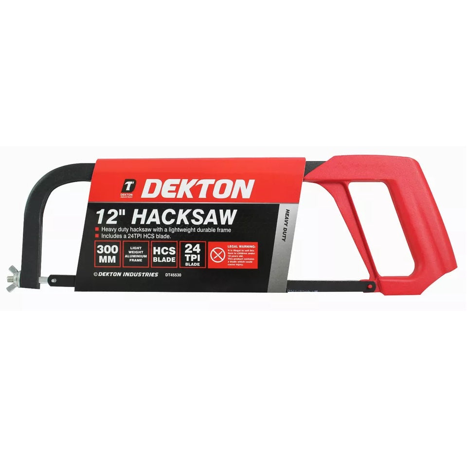 Dekton Heavy Duty Hacksaw Red and Black 12-Inch DT45530 | Lightweight Durable Aluminium Frame | Includes a 24TPI HCS Blade