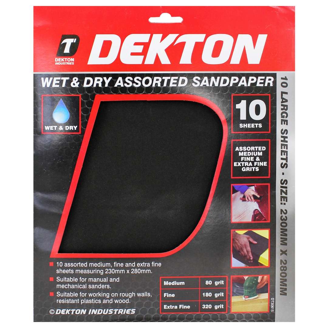 Dekton Wet and Dry Sandpaper Set Black Pack of 10 DT30615 | Assorted Medium Fine and Extra Fine Grits