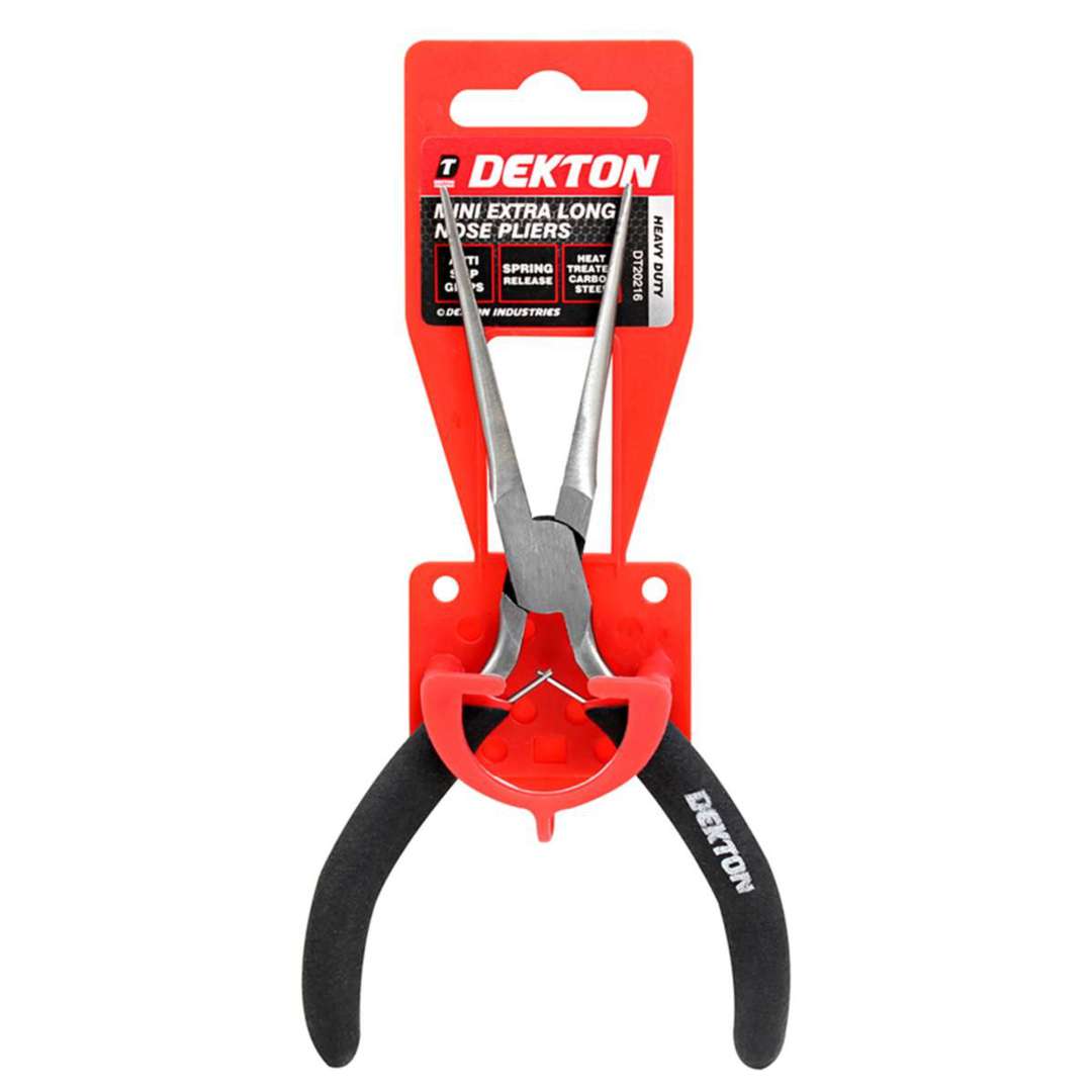 Dekton Heavy Duty Mini Extra Long Nose Pliers Black and Silver DT20216 | Anti Slip Grips | Spring Release | Heat Treated Carbon Steel