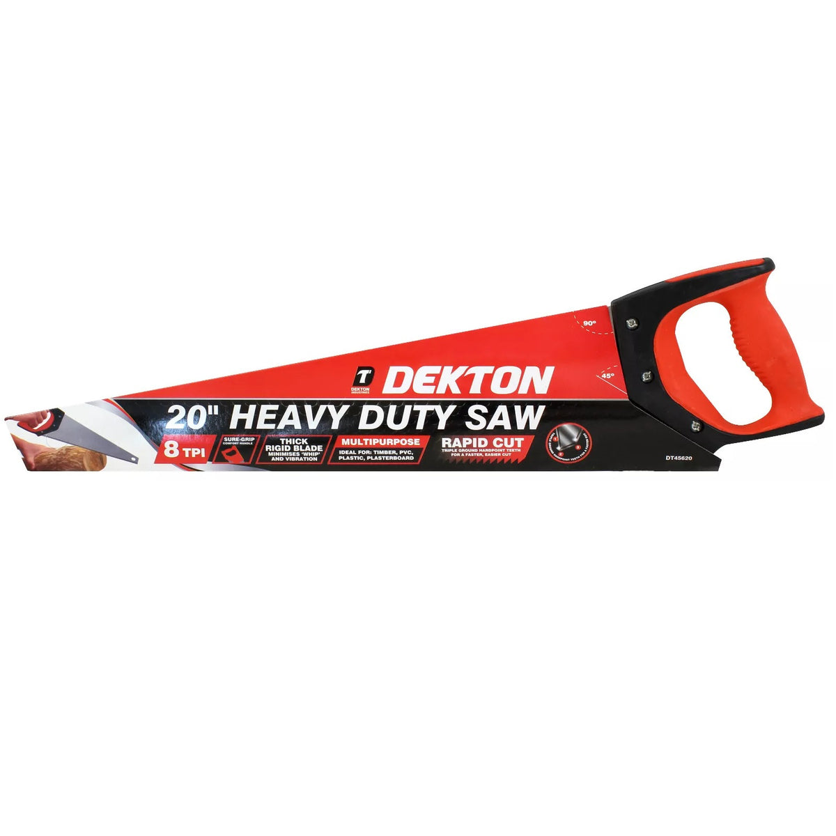 Dekton Heavy Duty Hand Saw Red and Black 20-Inch DT45620 | 8 TPI | Sure-Grip Comfort Handle | Thick Rigid Blade | Multipurpose | Rapid Cut