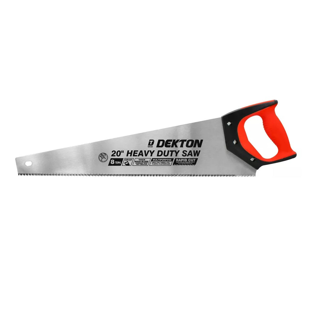 Dekton Heavy Duty Hand Saw Red and Black 20-Inch DT45620 | 8 TPI | Sure-Grip Comfort Handle | Thick Rigid Blade | Multipurpose | Rapid Cut